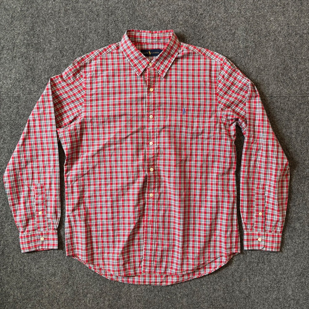 Ralph Lauren Mens Large Red Green Plaid Button Down Cotton Poplin Shirt L